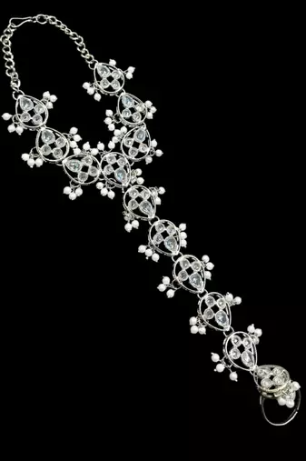 White ston ad stone & agate stone haath-phool-hath-panja antique silver plated