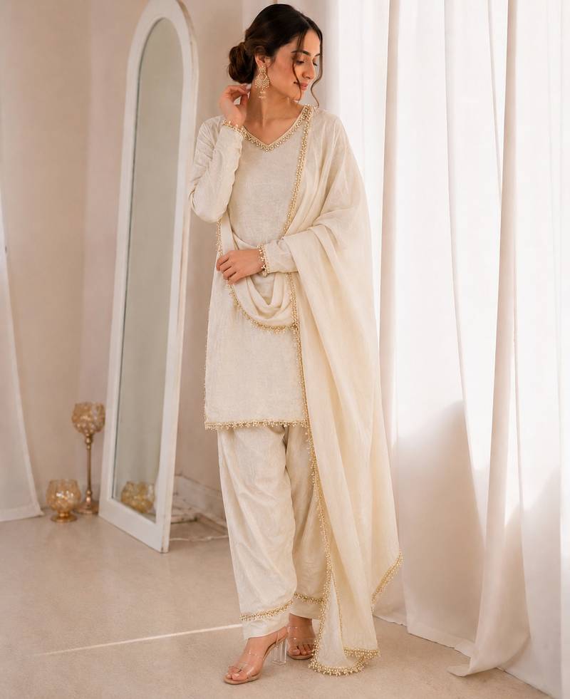 Women white silk sequin emroidery work kurta set