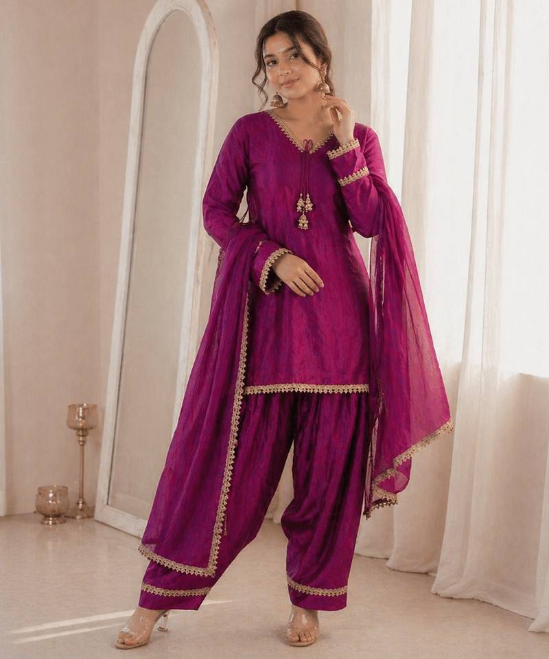 Women wine silk sequin emroidery work kurta set