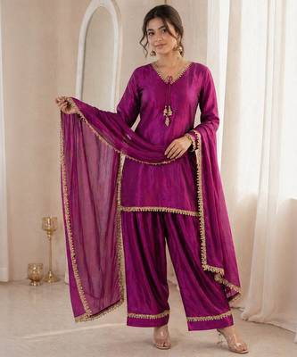 Women wine silk blend sequin emroidery work kurta set 2