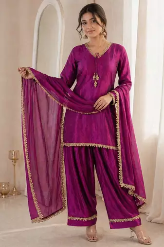 Women wine silk sequin emroidery work kurta set