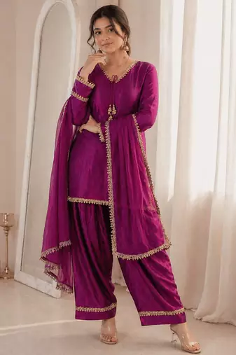Women wine silk sequin emroidery work kurta set