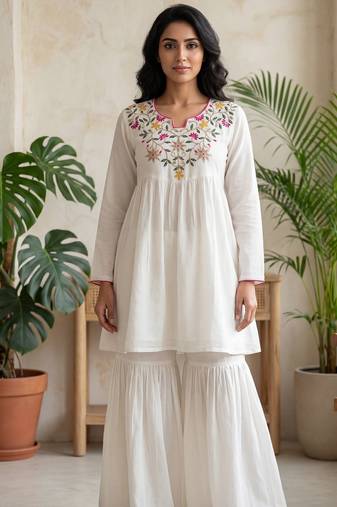 Women white silk sequin emroidery work kurta set