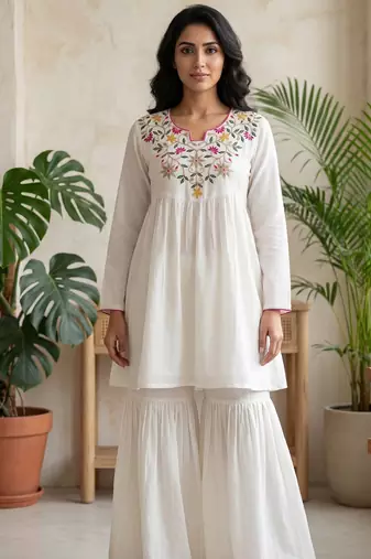 Women white silk sequin emroidery work kurta set