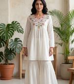Women white silk sequin emroidery work kurta set