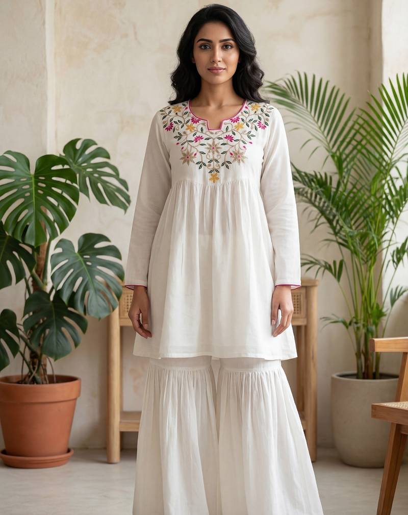 Women white silk sequin emroidery work kurta set