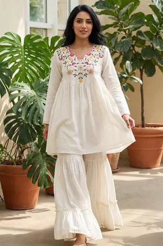 Women white silk sequin emroidery work kurta set