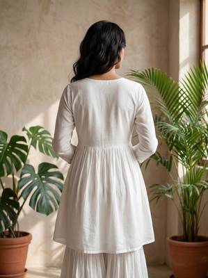Women white silk blend sequin emroidery work kurta set 3