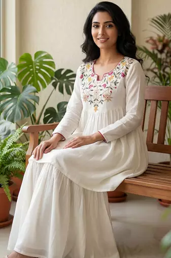 Women white silk sequin emroidery work kurta set