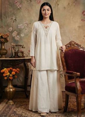Women white silk blend sequin emroidery work kurta set 1