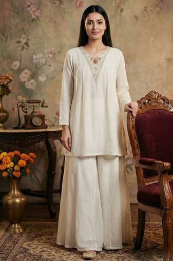 Women white silk sequin emroidery work kurta set