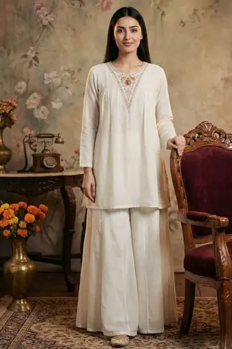 Women white silk sequin emroidery work kurta set