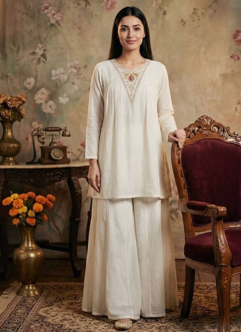Women white silk sequin emroidery work kurta set
