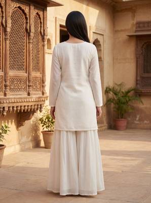 Women white silk blend sequin emroidery work kurta set 2