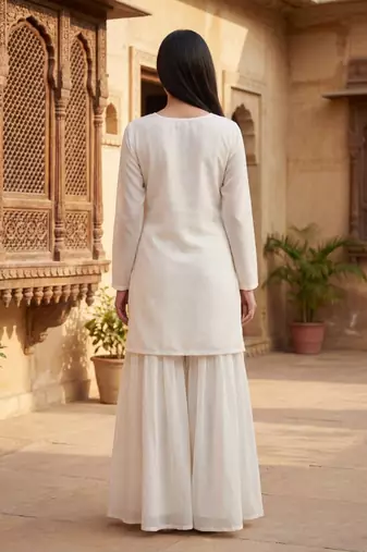 Women white silk sequin emroidery work kurta set
