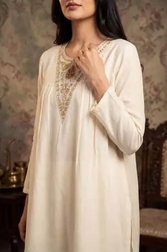 Women white silk sequin emroidery work kurta set