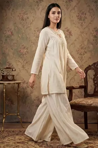 Women white silk sequin emroidery work kurta set