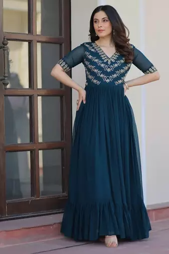 Women rama gorgette sequin emroidery work kurta set