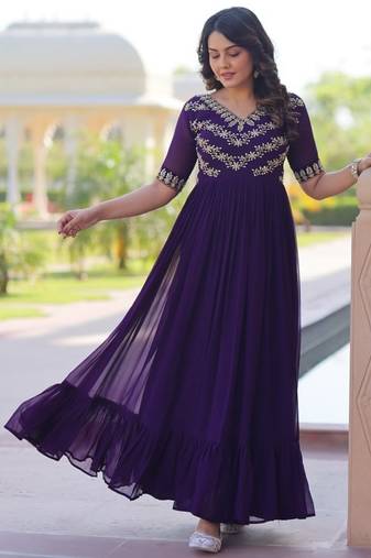 Women purple gorgette sequin emroidery work kurta set