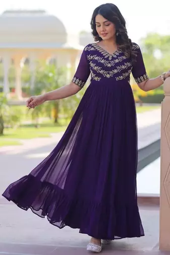 Women purple gorgette sequin emroidery work kurta set