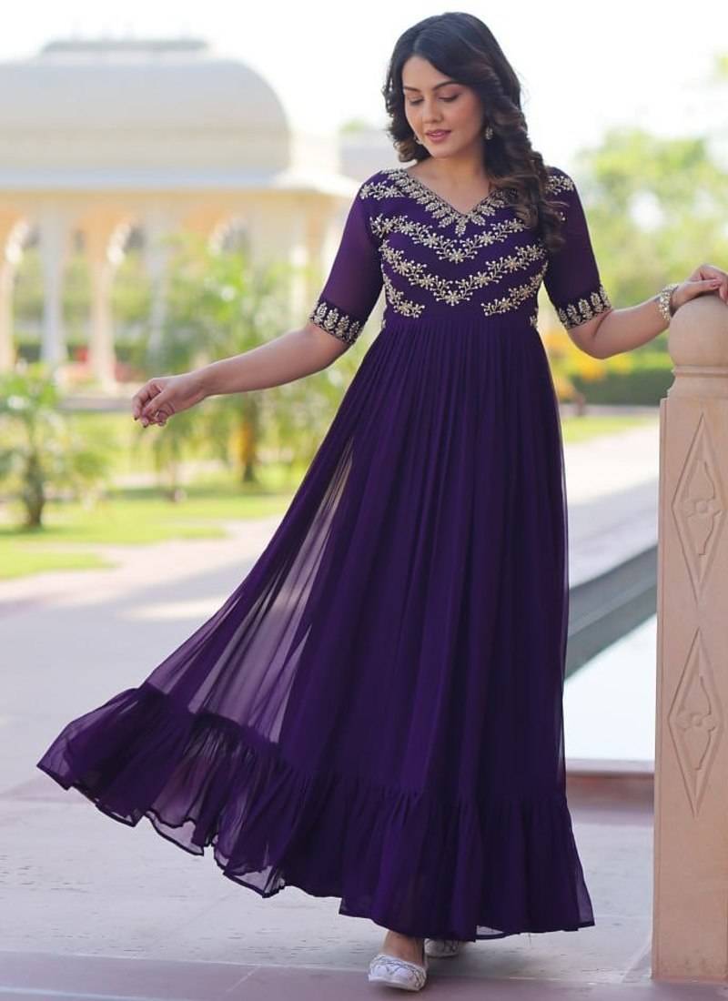 Women purple gorgette sequin emroidery work kurta set