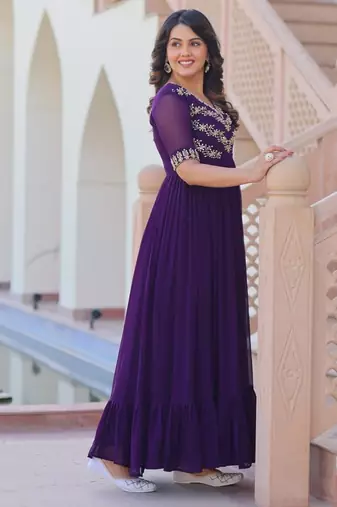 Women purple gorgette sequin emroidery work kurta set