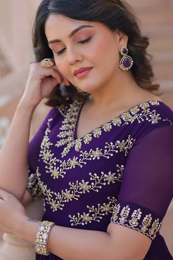 Women purple gorgette sequin emroidery work kurta set