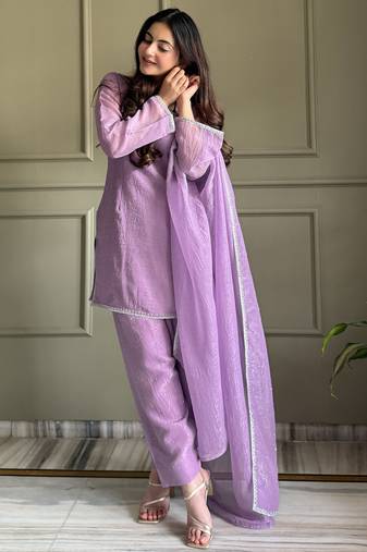 Women levender silk sequin emroidery work kurta set