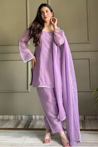 Women levender silk sequin emroidery work kurta set