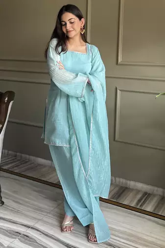 Women sky blue silk sequin emroidery work kurta set