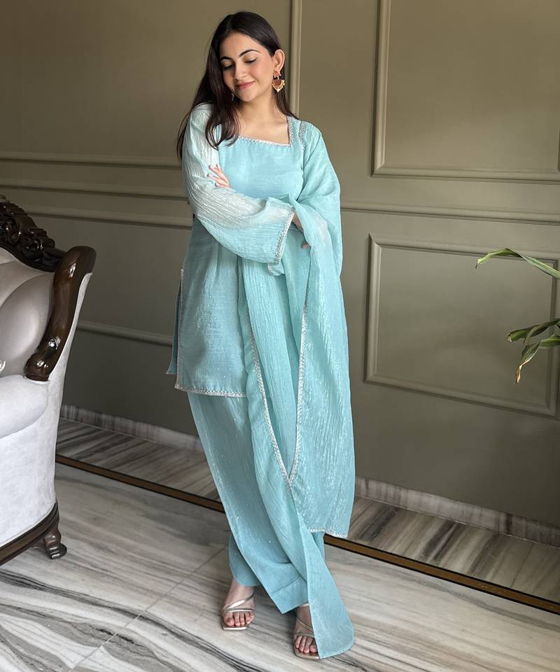 Women sky blue silk sequin emroidery work kurta set