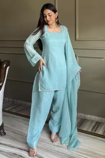 Women sky blue silk sequin emroidery work kurta set