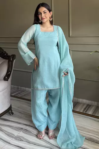 Women sky blue silk sequin emroidery work kurta set