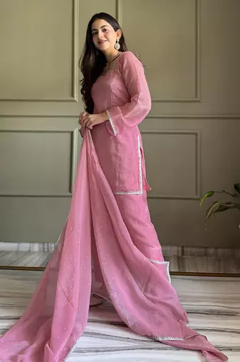 Women peach silk sequin emroidery work kurta set