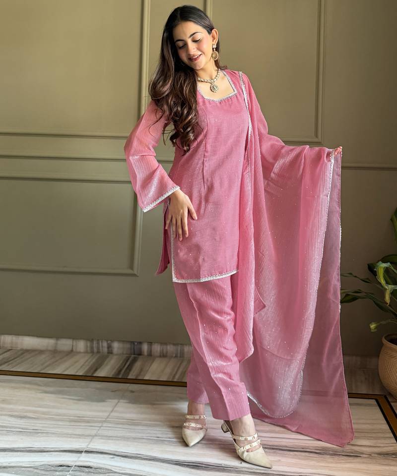 Women peach silk sequin emroidery work kurta set