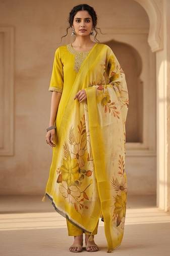 Women yellow silk sequin emroidery work kurta set