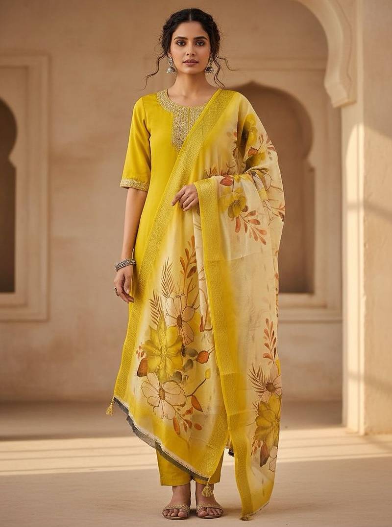 Women yellow silk sequin emroidery work kurta set