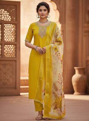 Women yellow silk blend sequin emroidery work kurta set 2