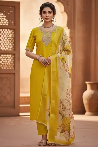 Women yellow silk sequin emroidery work kurta set