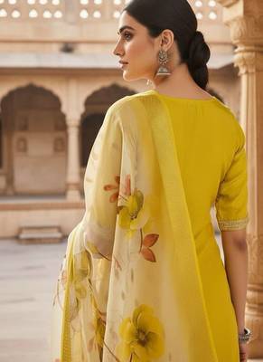 Women yellow silk blend sequin emroidery work kurta set 3