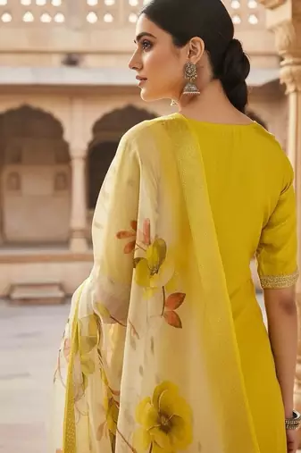 Women yellow silk sequin emroidery work kurta set