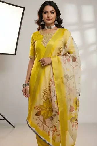 Women yellow silk sequin emroidery work kurta set