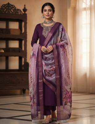 Women wine silk blend sequin emroidery work kurta set 1