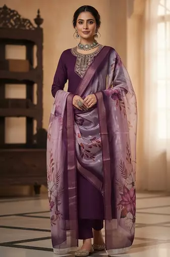 Women wine silk sequin emroidery work kurta set