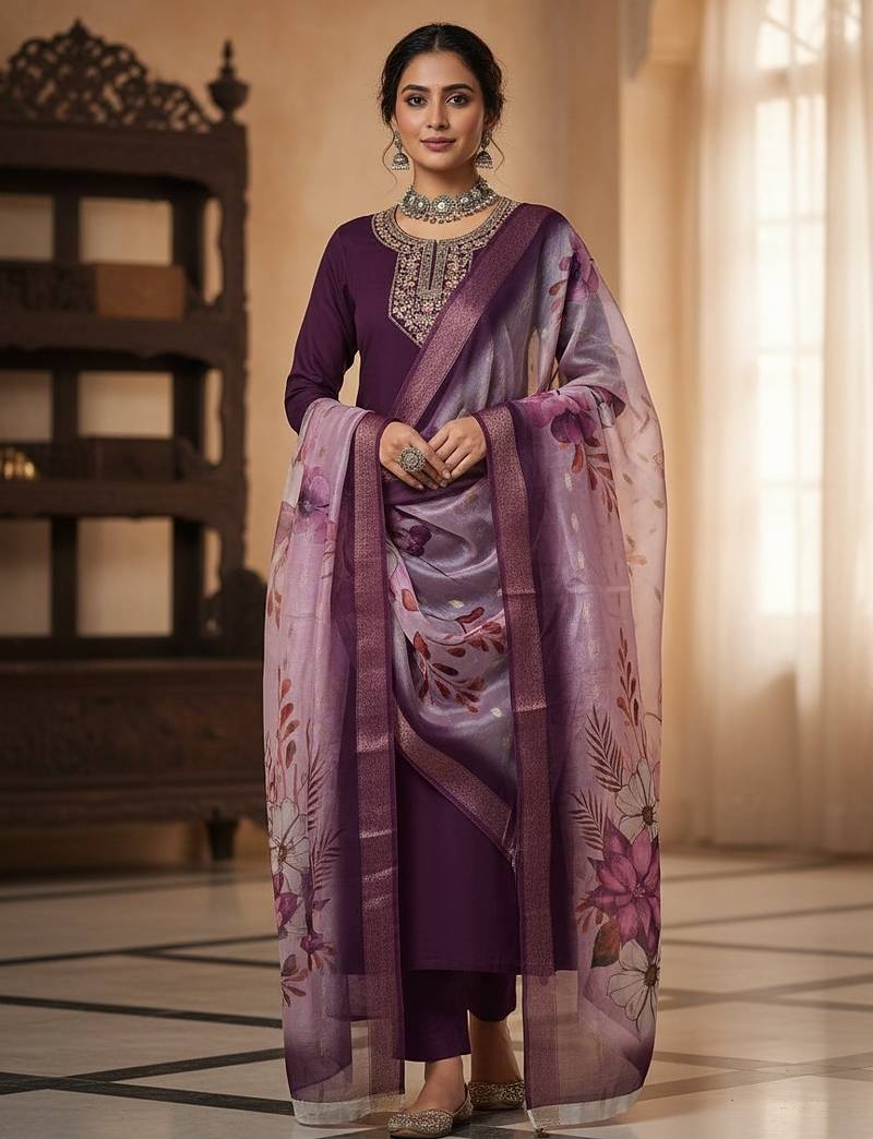 Women wine silk sequin emroidery work kurta set