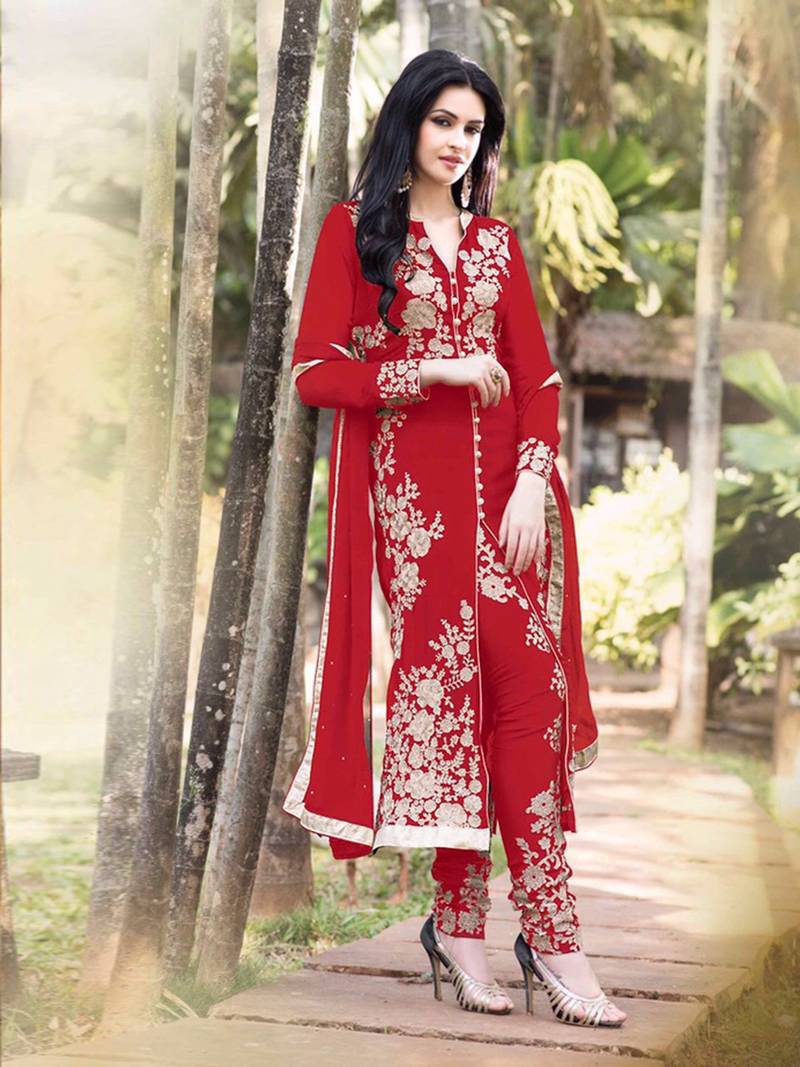 red embroidered georgette semi stitched salwar with dupatta