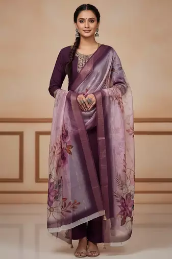Women wine silk sequin emroidery work kurta set