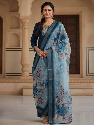 Women blue silk blend sequin emroidery work kurta set 1