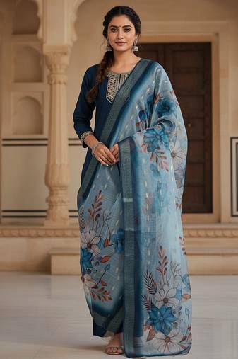 Women blue silk sequin emroidery work kurta set