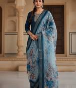 Women blue silk sequin emroidery work kurta set